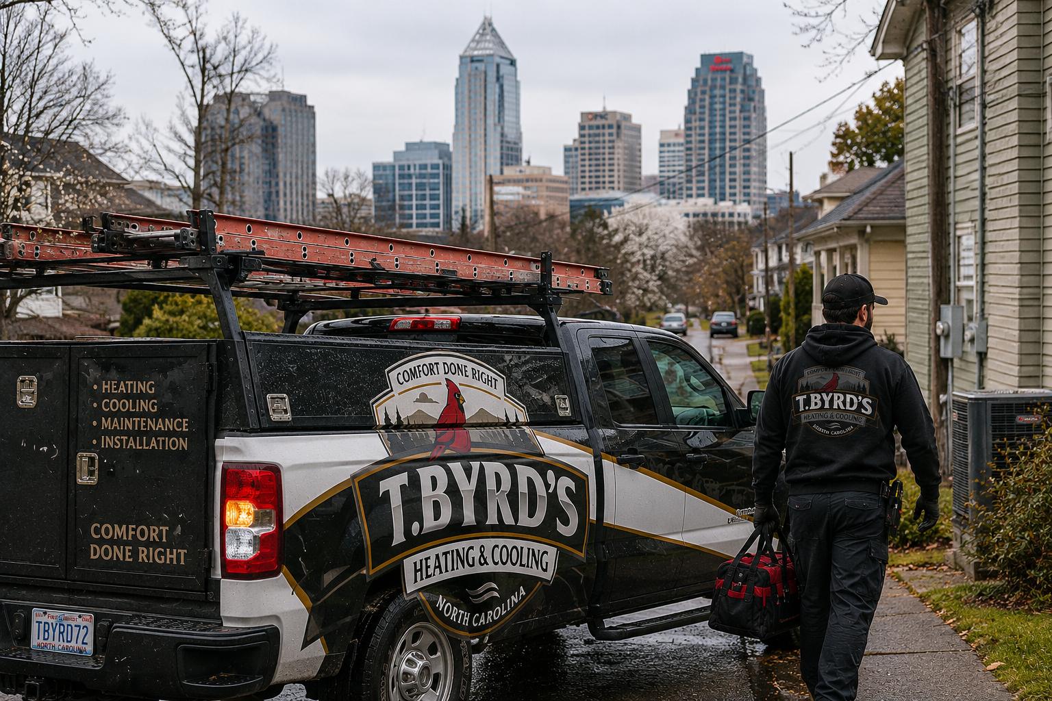 A T.Byrd's technician on a service call in the Triangle area